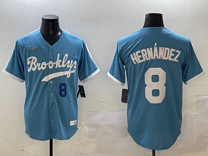 Men Los Angeles Dodgers #8 Hernandez Light Blue Throwback Game 2025 Nike MLB Jersey style 3065